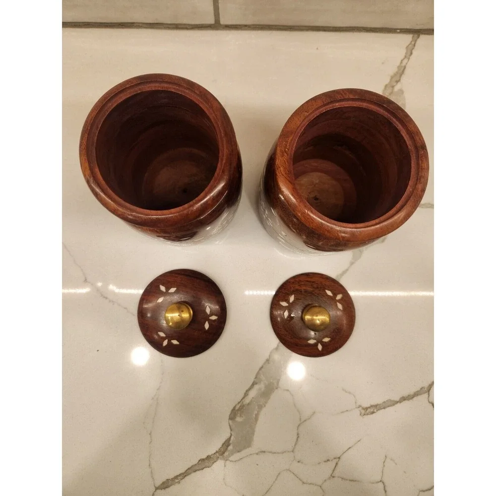 Wooden Kitchen Storage‎ Flower Canister Jars with Lid for Snacks, Food Set Of 2